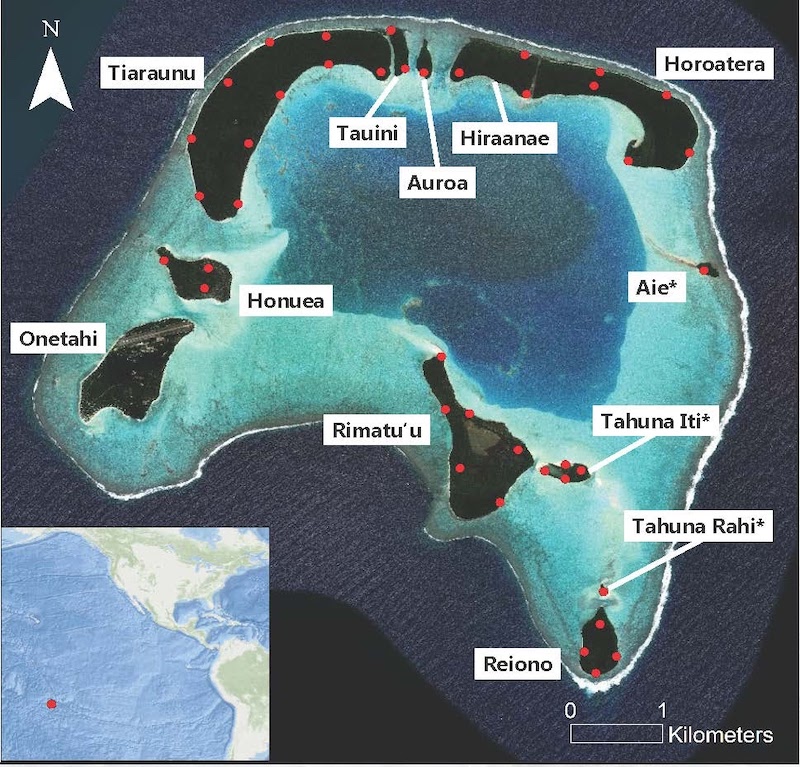 Emplacements des enregistreurs acoustiques sur Tetiaroa.