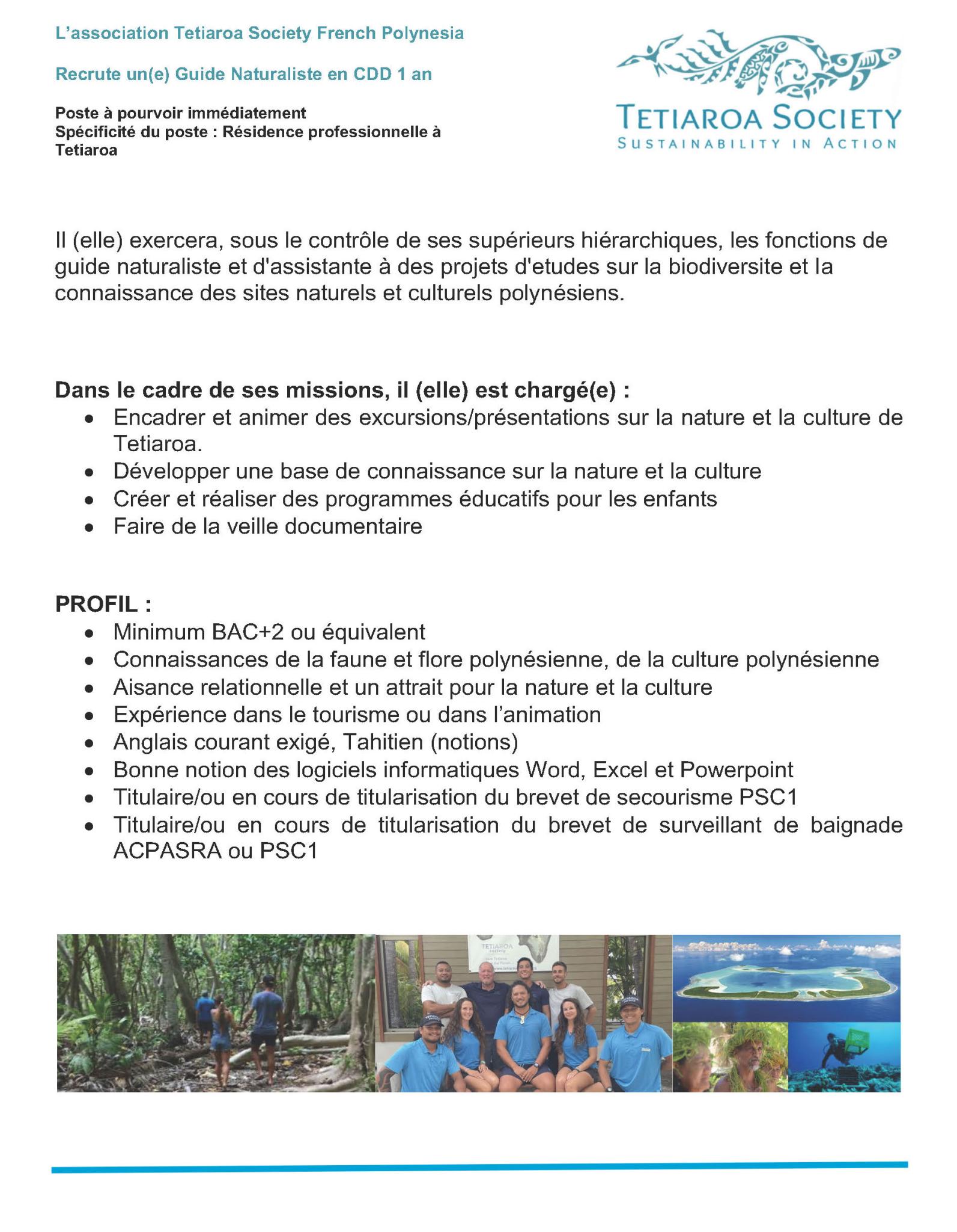Tetiaroa Society recrute guide
