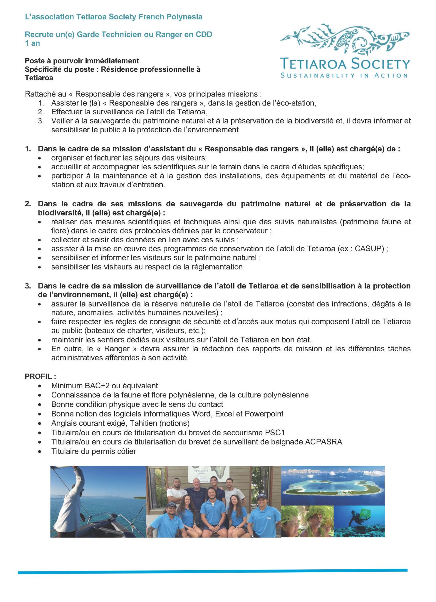 Tetiaroa Society recrute ranger