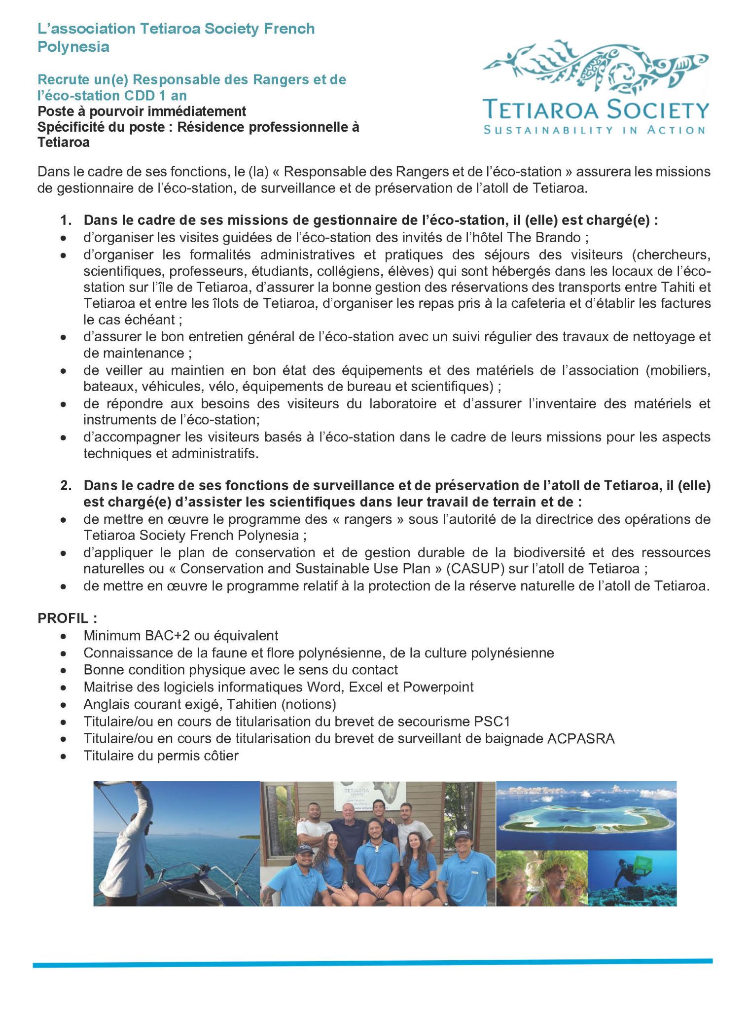 Tetiaroa Society recrute responsable ranger