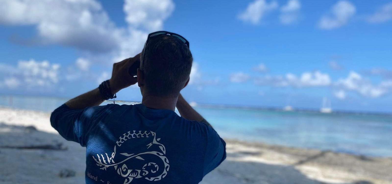 Antonin keeping an eye on the charter boats offshore Tetiaroa